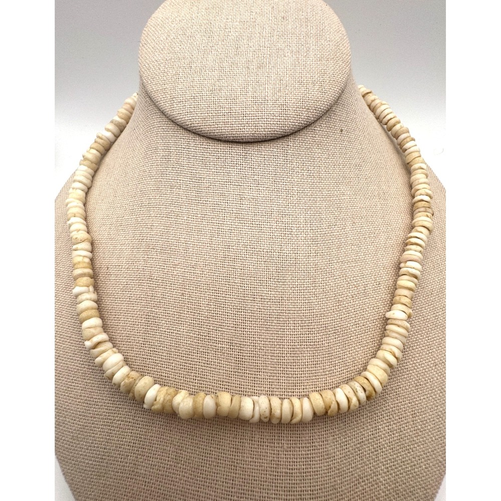 Vintage Natural Puka Shell Necklace White & Sand Heishe Beads Surf Hawaiin